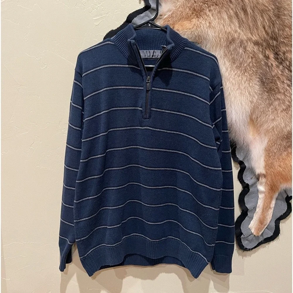 Vintage Oscar De La Renta Mens Large 1/4 Zip Mock Neck Stiped Sweater Old‎ Money